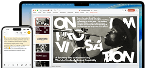 iPhone 16 Plus cu text eviden?iat ?n aplica?ia Noti?e, Macbook Air cu o prezentare Keynote deschis?, ?n care este vizibil text din aplica?ia Noti?e