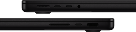 Prezentare porturi MacBook Pro — partea stang?: MagSafe 3, dou? porturi Thunderbolt ?i muf? pentru c??ti — partea dreapt?: slot pentru card SDXC, un port Thunderbolt ?i HDMI