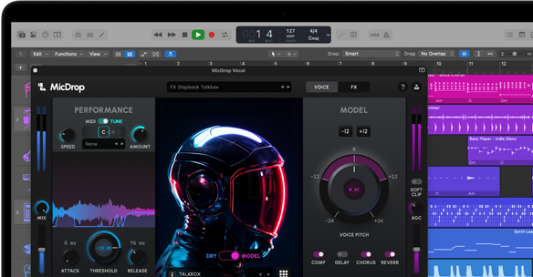 Con?inut pe ecran care demonstreaz? software-ul MicDrop, folosind func?ii de inteligen?? artificial? pentru a edita o ?nregistrare vocal? pe un MacBook Pro