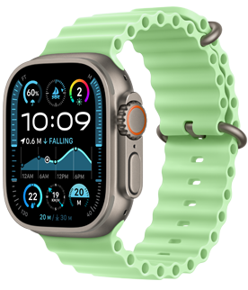 Apple Watch Ultra 3, prírodná farba, titánovy kryt, ciferník Orientácia, komplikácie: po?asie, poloha zaparkovaného auta, satelit, vzdialenos? od hladiny, vonkaj?ia pravá strana, Digital Crown, mikrofón, bo?né tla?idlo, oceánsky remienok, neónová zelená farba