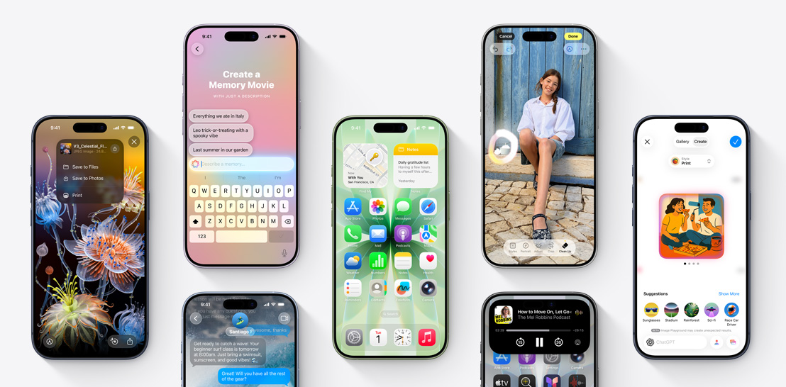 Vidíme viaceré iPhony&nbsp;17 a&nbsp;iPhony&nbsp;17&nbsp;Pro s&nbsp;r?znymi obrazovkami zobrazujúcimi iOS&nbsp;26 a&nbsp;funkcie Apple&nbsp;Intelligence