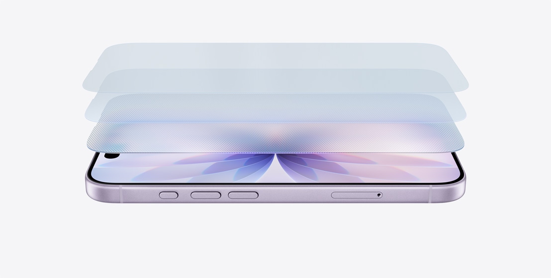 iPhone 17 vodorovne, polo?eny nabok, v levandu?ovej farbe, s vrstvenym dizajnom na uká?ku Ceramic Shieldu 2