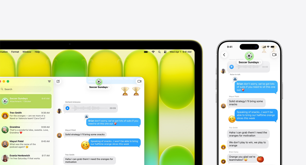 MacBook Neo v citrusovej farbe zobrazuje skupinovy ?et v apke Správy s názvom ?Futbalové nedele“ a ?al?ie nedávne správy. Ved?a neho je iPhone so zobrazenym rovnakym skupinovym ?etom.