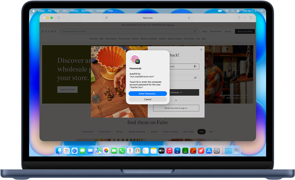 MacBook Neo, indigová farba, Safari zobrazuje pou?ívate?ovi vyzvu prihlási? sa pomocou Touch ID alebo hesla na web s názvom Klinika komunitnej starostlivosti.