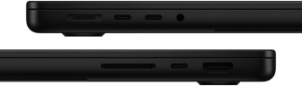 Porty na MacBooku Pro – ?avá strana: MagSafe 3, dva porty Thunderbolt a konektor na slúchadlá – pravá strana: slot na kartu SDXC, jeden port Thunderbolt a port HDMI