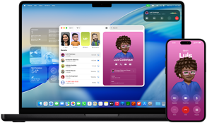 MacBook Pro a iPhone 16 Plus, otvorená apka Telefón, na oboch obrazovkách sa zobrazuje rovnaky kontakt