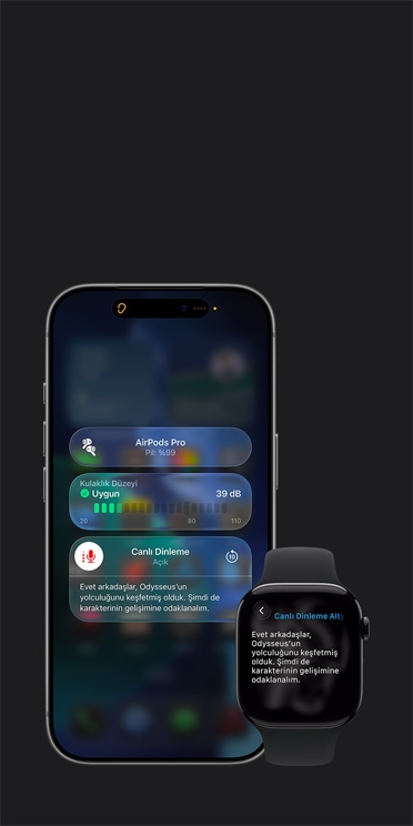 iPhone 17 Pro ekran?nda, kaydedilen sesin alt yaz?s?yla aktif bir Canl? Dinleme oturumu ve Apple Watch Series 11 ekran?nda ise kaydedilen ayn? sesin Canl? Alt Yaz?lar? g?steriliyor