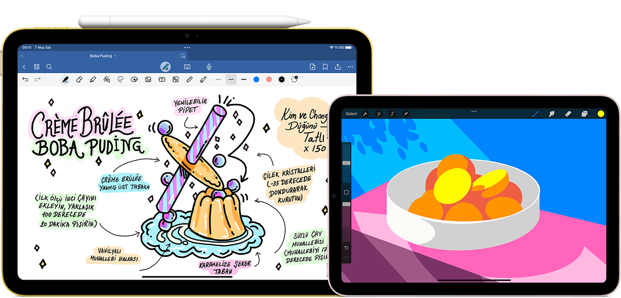 Solda dikey pozisyonda iPad, üstünde yap???k duran Apple Pencil USB-C ile yap?lan bir ?izim ve notlar?n grafi?i g?rülüyor.