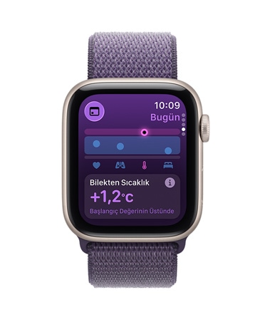 Apple Watch SE 3, alüminyum kasa, y?ld?z ????? renk, Ya?am Bulgular? uygulamas?, sa?l?k skoru grafi?i, gece boyu ?l?ülen ya?am bulgular? u? de?erler bildirimi, sa? d?? g?rünüm, Digital Crown, Spor Loop, sis moru renk