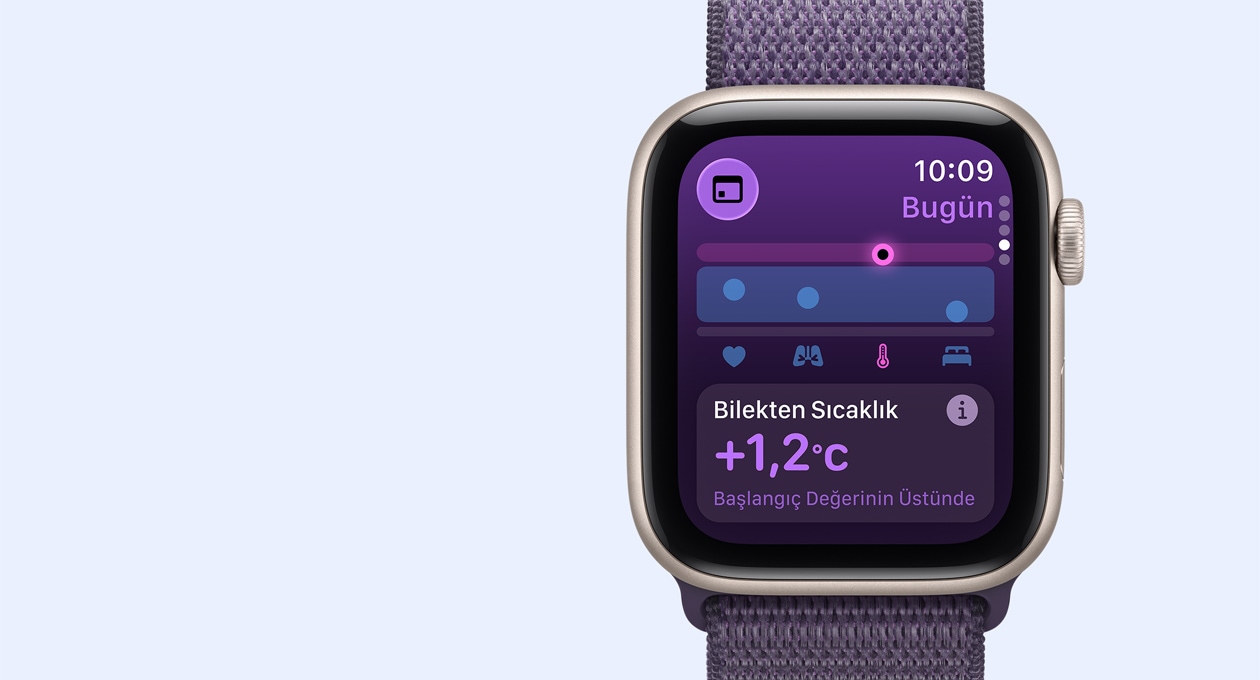Apple Watch SE 3, alüminyum kasa, y?ld?z ????? renk, bilekten s?cakl?k ?l?ümleri, sa? d?? g?rünüm, Digital Crown, kordon, Spor Kordon, sis moru renk