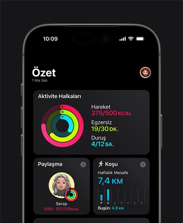 iPhone 17, Fitness ?zeti, Aktivite halkalar?, Hareket, Egzersiz ve Duru? ?l?ümleri, arkada?larla aktivite payla?ma, haftal?k Ko?u istatistikleri