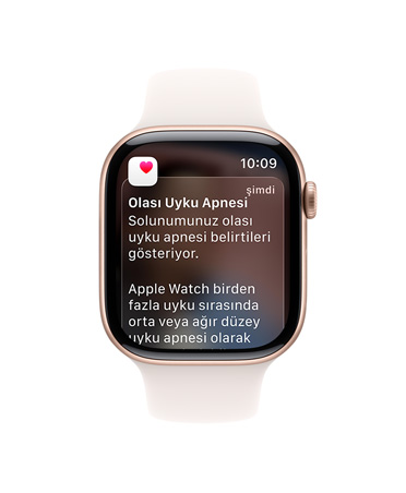 Apple Watch Series 11, roze alt?n rengi, alüminyum kasa, geni?letilmi? uyku apnesi bildirimi, sa? d?? g?rünüm, Digital Crown, Spor Kordon, bulut pembesi renk
