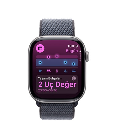 Apple Watch Series 11, uzay grisi renk, alüminyum kasa, Ya?am Bulgular? uygulamas?, sa?l?k skoru grafi?i, gece boyu ?l?ülen ya?am bulgular? u? de?erler bildirimi, sa? d?? g?rünüm, Digital Crown, Spor Loop, koyu gri renk