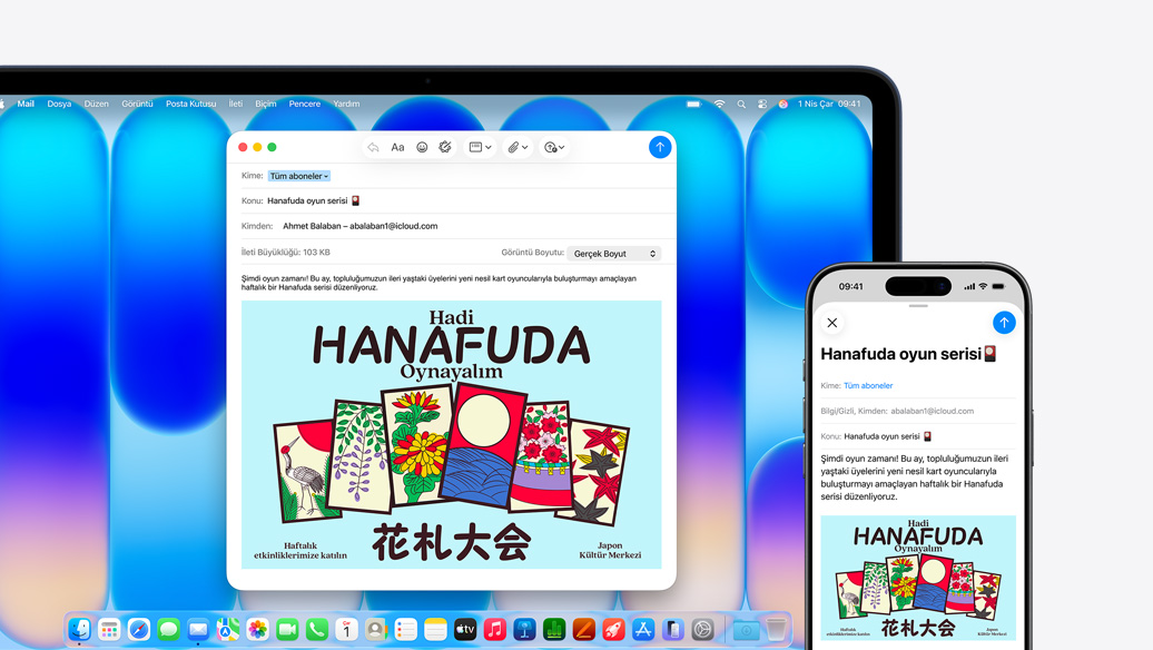 MacBook Neo, Indigo renk, yan?nda iPhone yer al?yor, her iki ekranda da toplum merkezindeki bir etkinlik duyurusunu i?eren ayn? mail g?steriliyor