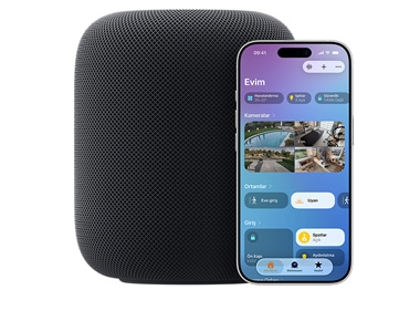 Gece Yar?s? renginde bir HomePod ve Ev uygulamas?ndaki "Evim" arayüzünü g?steren bir iPhone