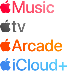 Apple 訂閱服務(wù)標(biāo)誌，包括 Apple Music、Apple TV、Apple Arcade、iCloud Plus