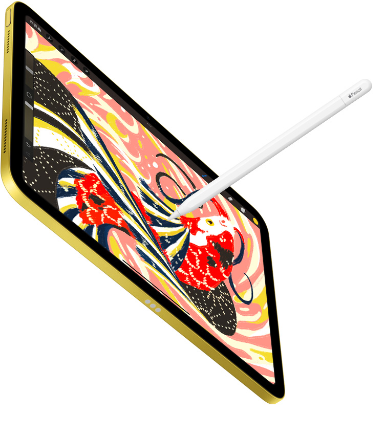 iPad 展示在 Procreate app 中一幅色彩鮮艷的魚插圖，而 Apple Pencil 正在 iPad 上畫畫