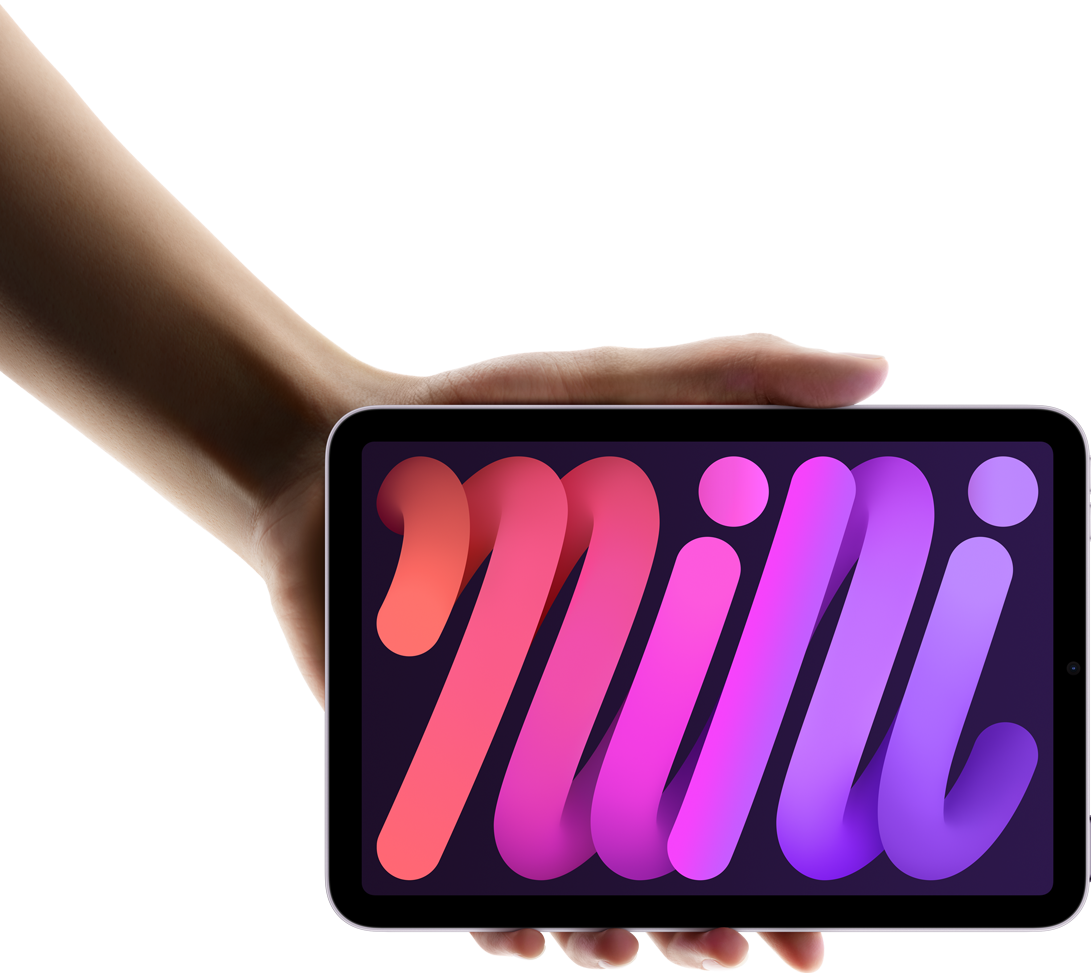 使用者以單手拿著橫向擺放的 iPad mini，展示精巧尺寸與方便攜帶的特色。
