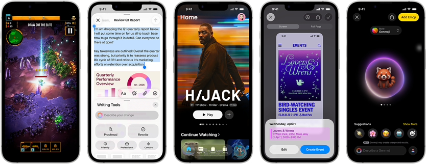 Два iPhone 17e, на екранах яких в?дображаються р?зн? в?кна: гра, функц?я ?Засоби письма?, додаток Apple TV, створення под?? в календар?, створення Genmoji