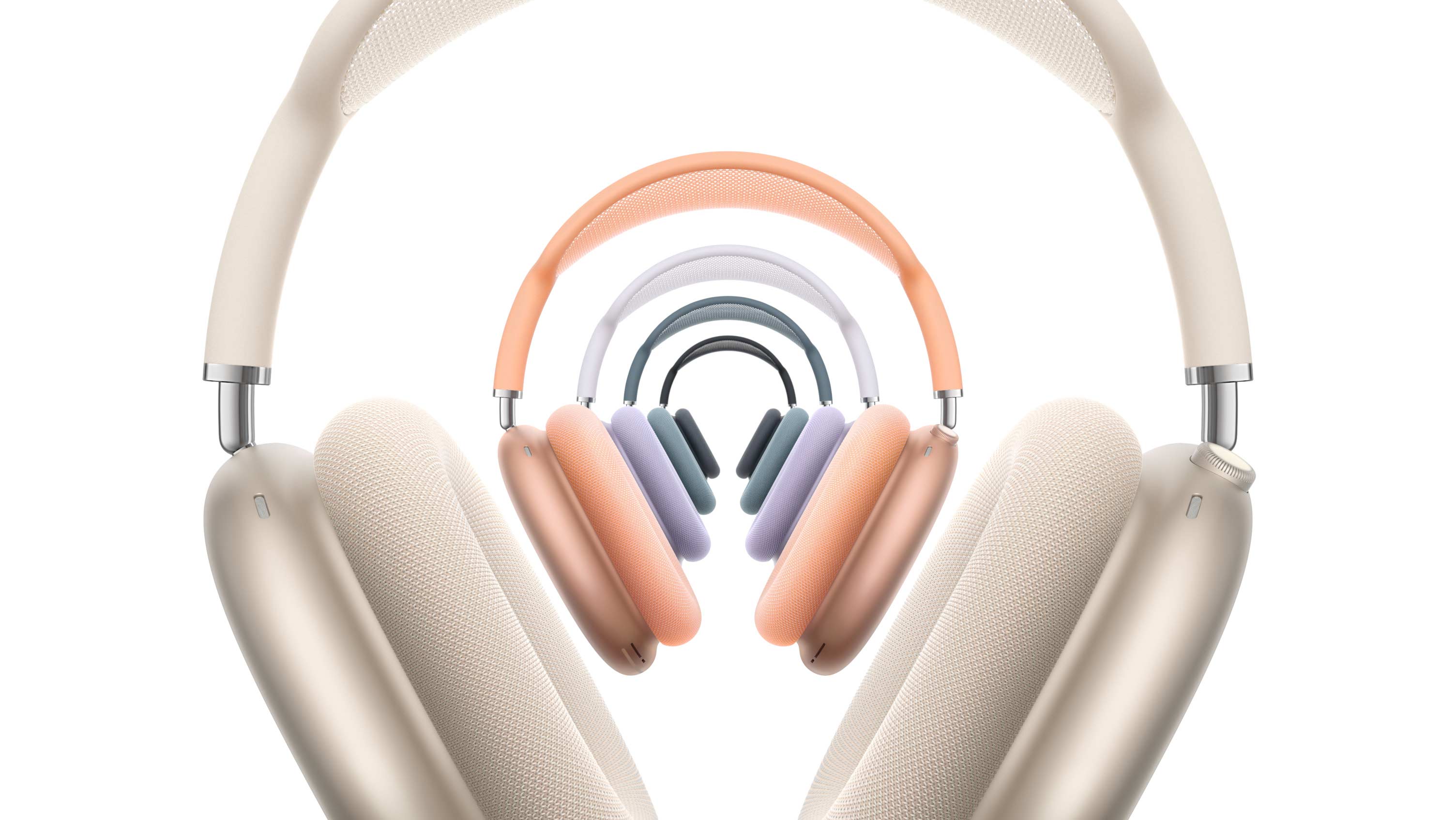 Viis paari AirPods Max 2 k?rvaklappe, esikülg, virnastatud, toonides t?hevalge, oran?, lilla, sinine ja ??sinine