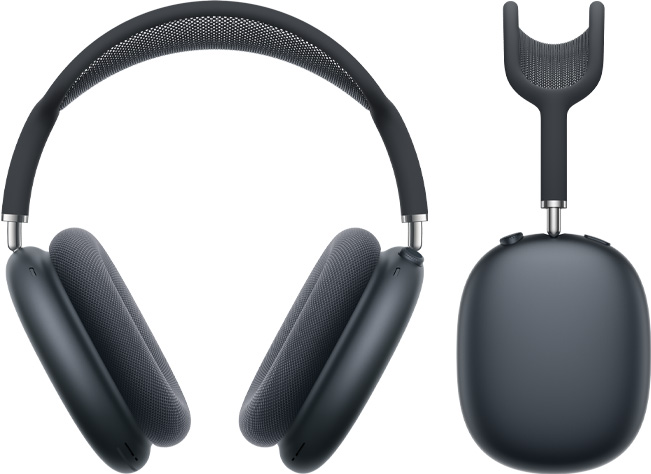 C??ti AirPods Max 2, vedere exterior frontal ?i profil lateral, culoarea Miezul nop?ii