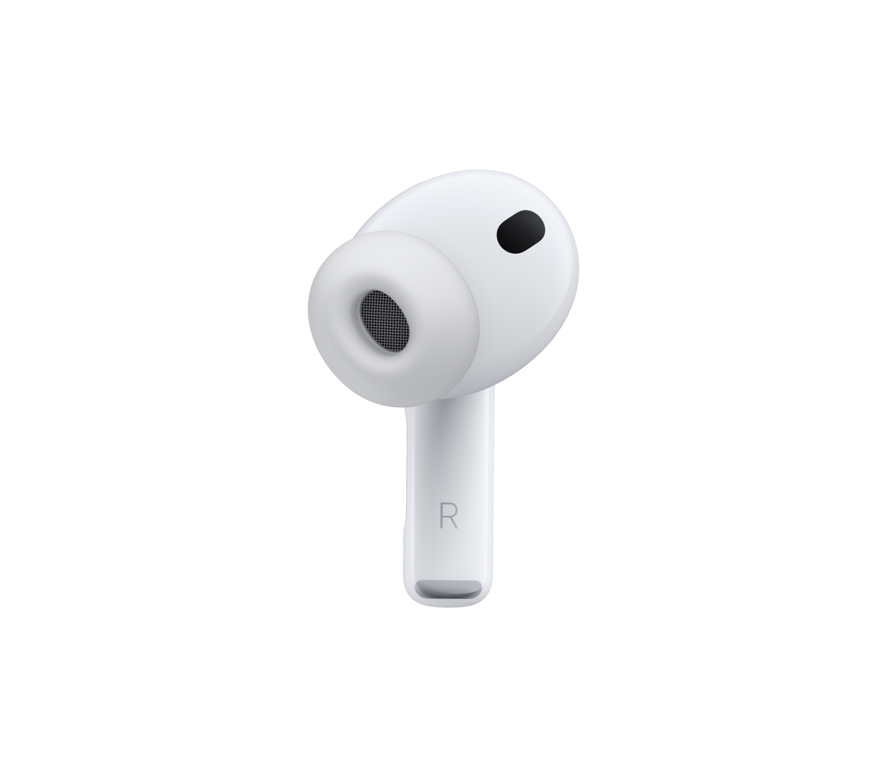 畫面展示白色 AirPods Pro 3，看見消噪咪高風(fēng)、矽膠耳塞、短耳筒柄上有字母 R