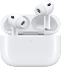 白色 AirPods Pro 3 和 MagSafe 充電盒 (USB-C)，展示圓弧狀的充電盒外觀及 LED 電源指示燈，上蓋打開的充電盒裝著無(wú)線耳機(jī)，並配有矽膠耳塞套，耳機(jī)柄內(nèi)側(cè)標(biāo)有字母 L 和字母 R