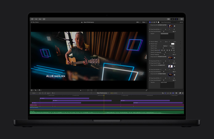 Ein 16 Zoll MacBook Pro Bildschirm mit Final Cut Pro zeigt einen Monarchfalter, der durch ein Feld fliegt, lila Blumen und B?ume im Hintergrund