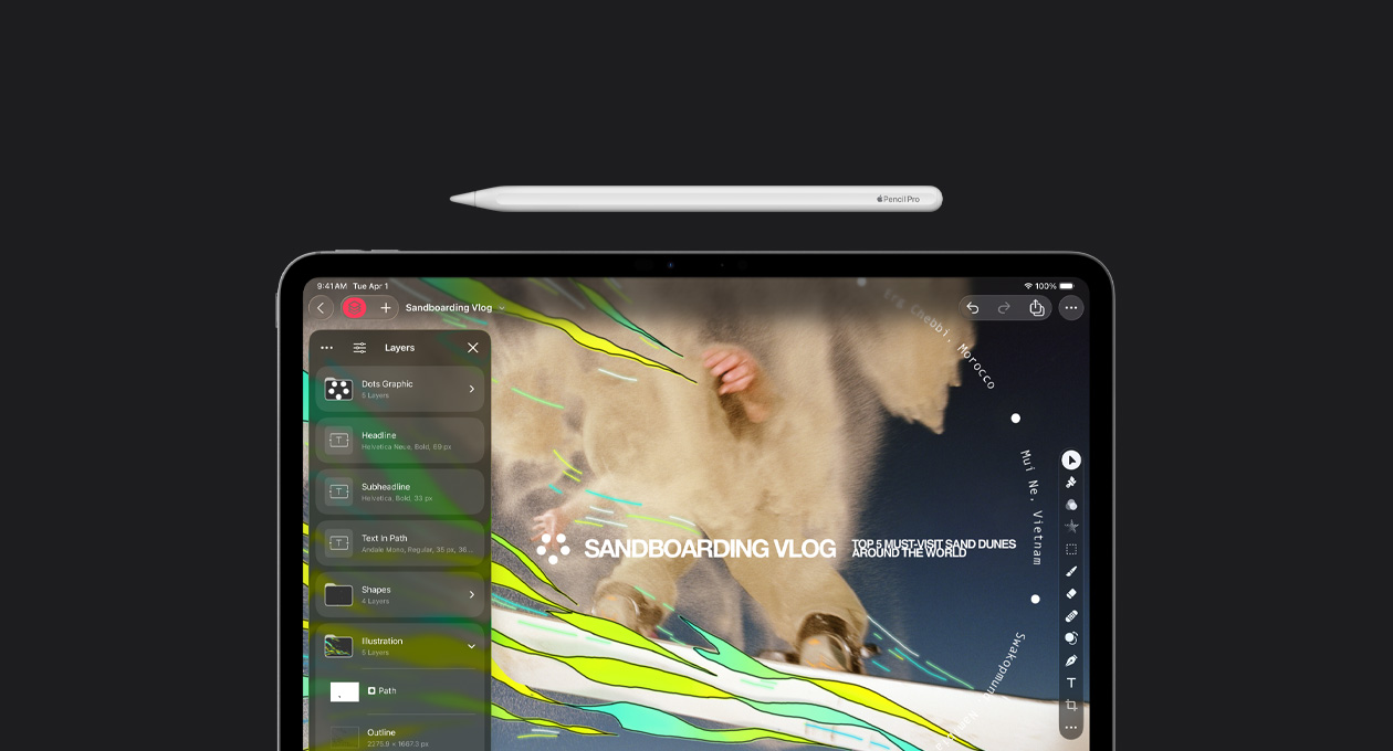Ein Apple Pencil über dem 13 Zoll iPad Pro, der Bildschirm zeigt das Pixelmator Pro Layers Toolkit, ein Toolkit für Grafikdesign und eine Datei mit dem Titel Sandboarding Vlog