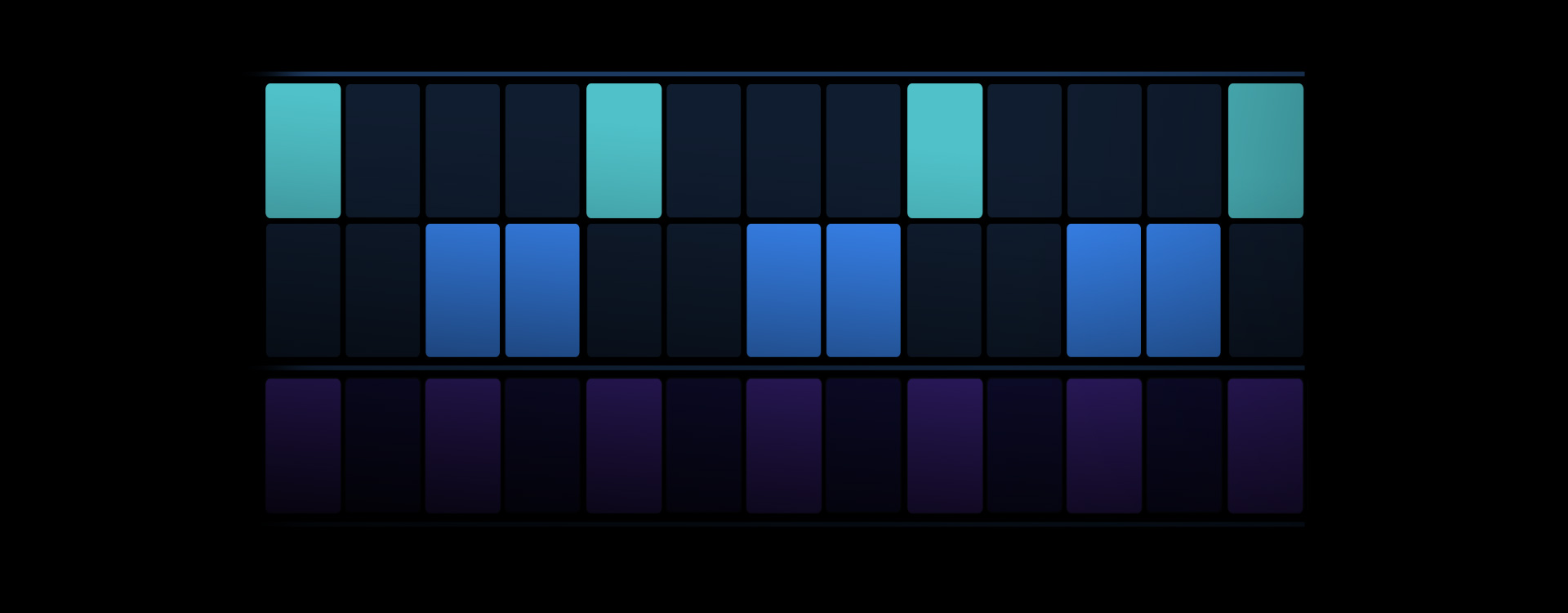 Logic Pro Bildschirm, Oberfl?che zum Sequenzieren von Beats mit Tasten in Türkis, Marineblau und Violett