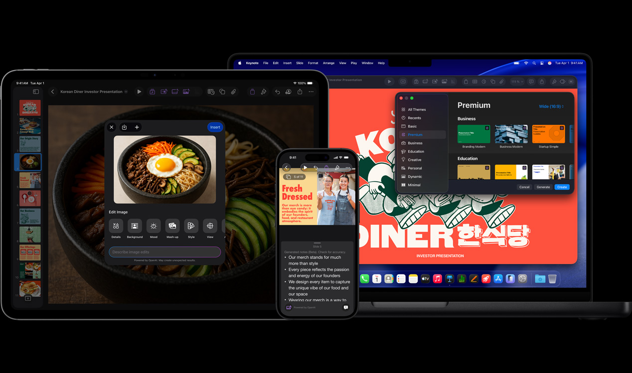 Ein 13 Zoll iPad Pro Display zeigt Keynote mit generativer Bildgebung einer Schüssel mit Gemüse und einem Spiegelei, ein iPhone 16 Display zeigt Keynote mit einem Foto von zwei Frauen und Notizen für die Pr?sentation, ein 16 Zoll MacBook Pro Bildschirm zeigt eine Pr?sentation in Keynote mit ge?ffnetem Themenfenster