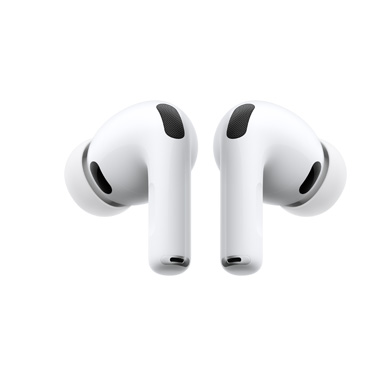 Beyaz arka plan üzerinde z?t y?nlerde duran bir ?ift Beyaz AirPods Pro 3’ün arkadan g?rünümü.