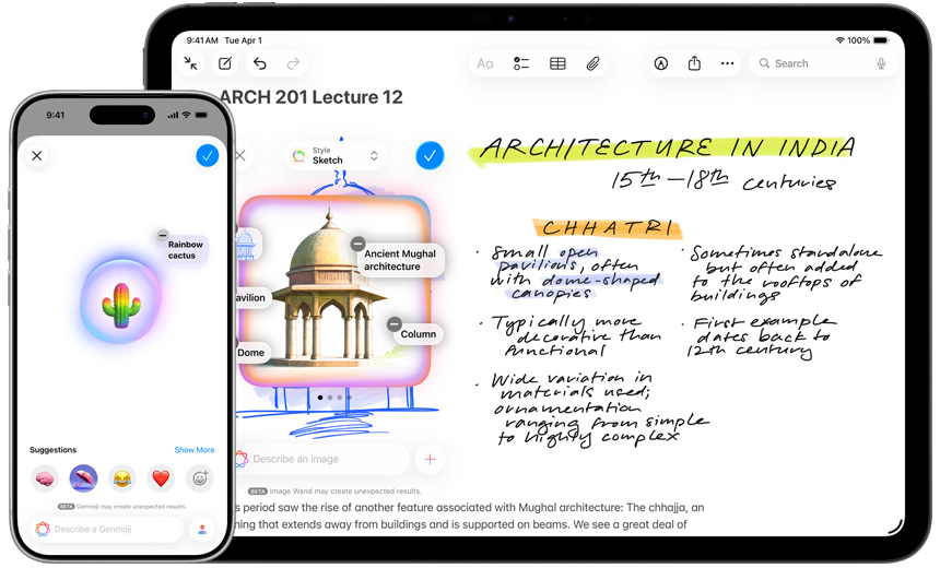 iPhone i iPad pokazuj? Genmoji tworz?ce t?czowego kaktusa oraz Ró?d?k? graficzn? zamieniaj?c? szkic w budynek, którego styl nawi?zuje do architektury mogolskiej.