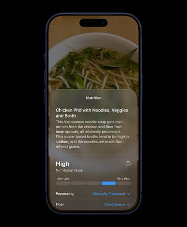 iPhone 17 Pro, Deep Blue, front screen, displays in Siri mode in Camera interface, showing nutrition facts about a food item identified with Visual Intelligence, screen shows detailed information about chicken ph?, including common ingredients and nutrition information
