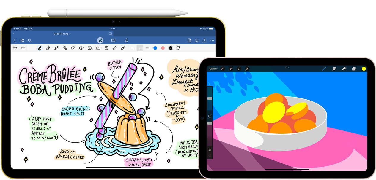 Vlevo je iPad oto?ení na ?í?ku s Apple Pencilem USB?C p?ichycenym shora. Na displeji je kresba s ru?ně psanymi poznámkami.