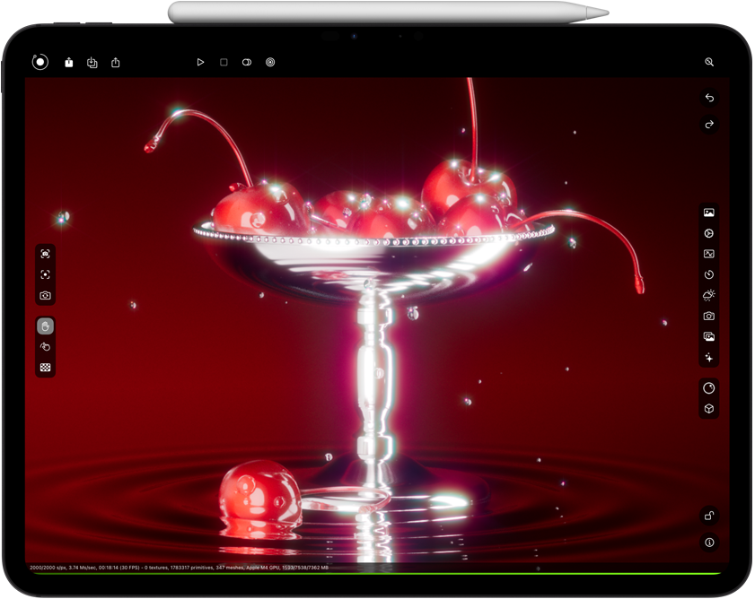 Horisontaalpaigutuses iPad Pro rakenduse Octane X  renderdusega. Apple Pencil Pro on kinnitatud ja asetseb horisontaalselt ülaosas.