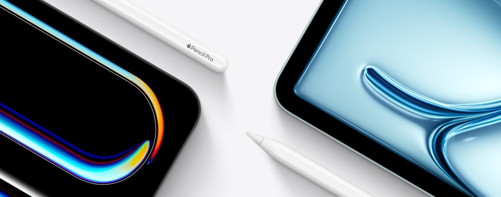 iPad Pro parem ülanurk k?rvuti Apple Pencil Pro ülaosaga. iPad Airi vasak ülanurk k?rvuti Apple Pencili (USB-C) otsaga.