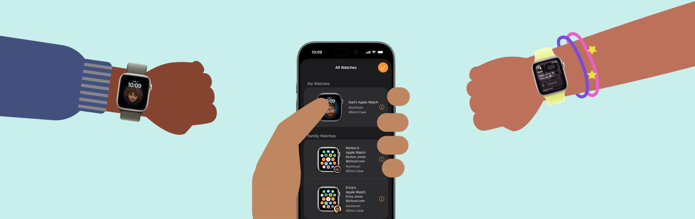 插圖描繪三個(gè)小朋友的腕上戴著 Apple Watch SE 3，而成人的手拿著 iPhone 17
