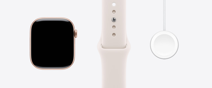 Apple Watch Series 11, caja de aluminio, color oro rosa, parte frontal, pantalla con dise?o de borde a borde, correa deportiva rosa rubor, cable de carga magnética rápida con conector USB-C para el Apple Watch