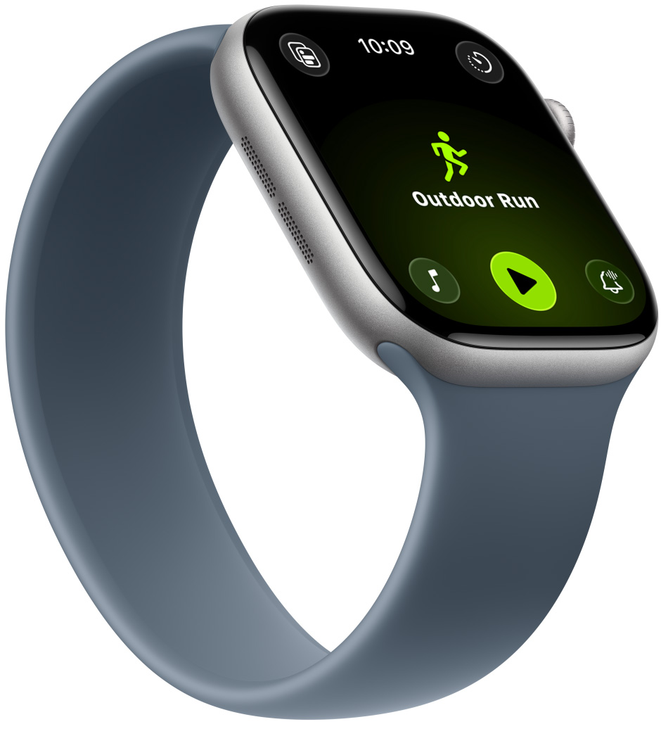 Apple Watch Series 11, aluminum case, space grey colour, Outdoor Run workout, Apple Music controls at bottom of screen, Solo Loop, anchor blue colour