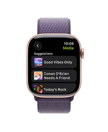 Apple Watch Series 11, couleur or rose, bo?tier en aluminium, commandes Apple Music, playlist d’entra?nement, c?té droit, Digital Crown, bracelet, Boucle Sport brume violette