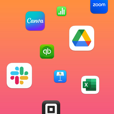 Renkli bir arka planda Slack, Canva, Google Workspace, Zoom, Quickbooks, Keynote, Excel, Square ve Numbers gibi üretkenlik uygulamalar?n?n simgeleri g?rülüyor.