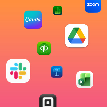 カラフルな背景に、Slack、Canva、Google Workspace、Zoom、Quickbooks、Keynote、Excel、Square、Numbersなど、業(yè)務(wù)に役立つ様々なアプリのアイコンが表示されている。