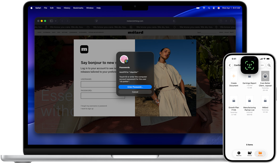 macOS Tahoeの壁紙を背景に、Touch IDのウインドウが表示されたMacBook。MacBookの手前には、Face IDの畫面が表示されているiPhoneがある