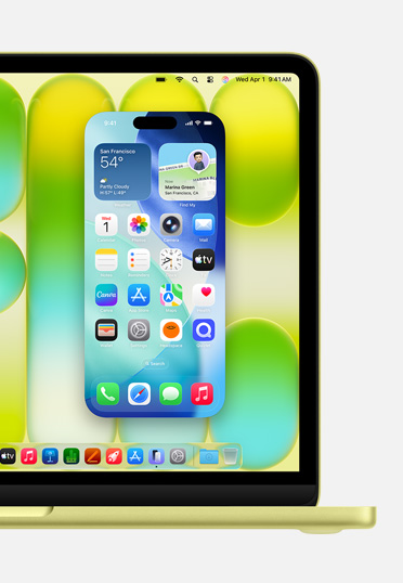 MacBook, Vorderansicht, Bildschirm zeigt die iPhone Synchronisierung, bei der Benutzer das iPhone vom Mac aus steuern k?nnen.