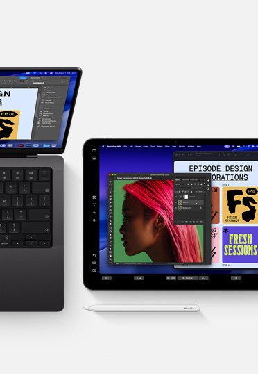 MacBook và iPad v?i Apple Pencil, c? hai màn hình ??u hi?n th? cùng m?t ph?n m?m thi?t k? ?? h?a nh?m th? hi?n tính li?n m?ch gi?a các thi?t b?.