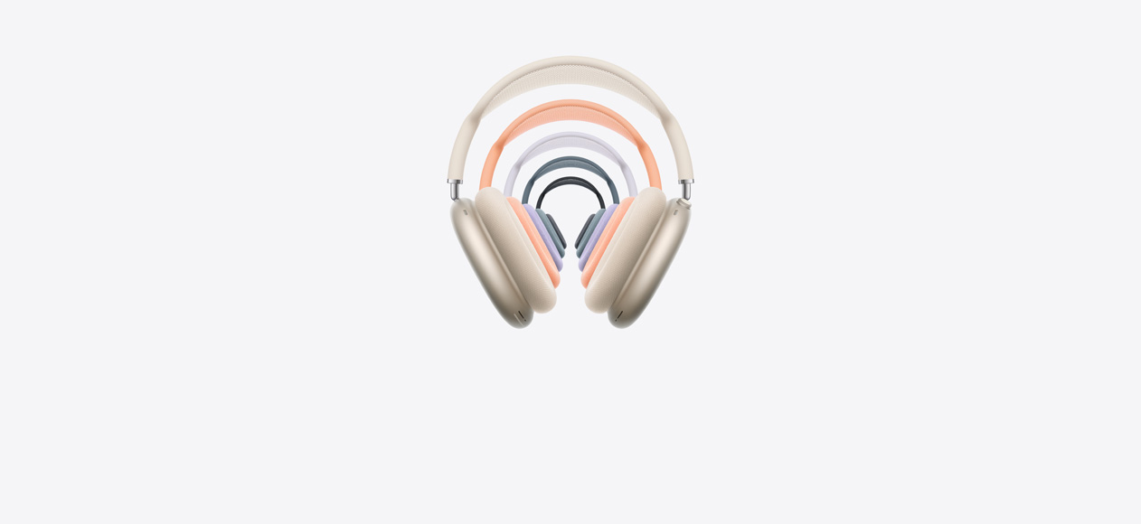 AirPods Max 2 ?over-ear-kuulokkeet edest?, p??llekk?in, n?kyvill? eri v?reiss?, kaariverkko ja vaahtomuoviset kuuloketyynyt, Digital Crown ja kuuntelutilapainike.