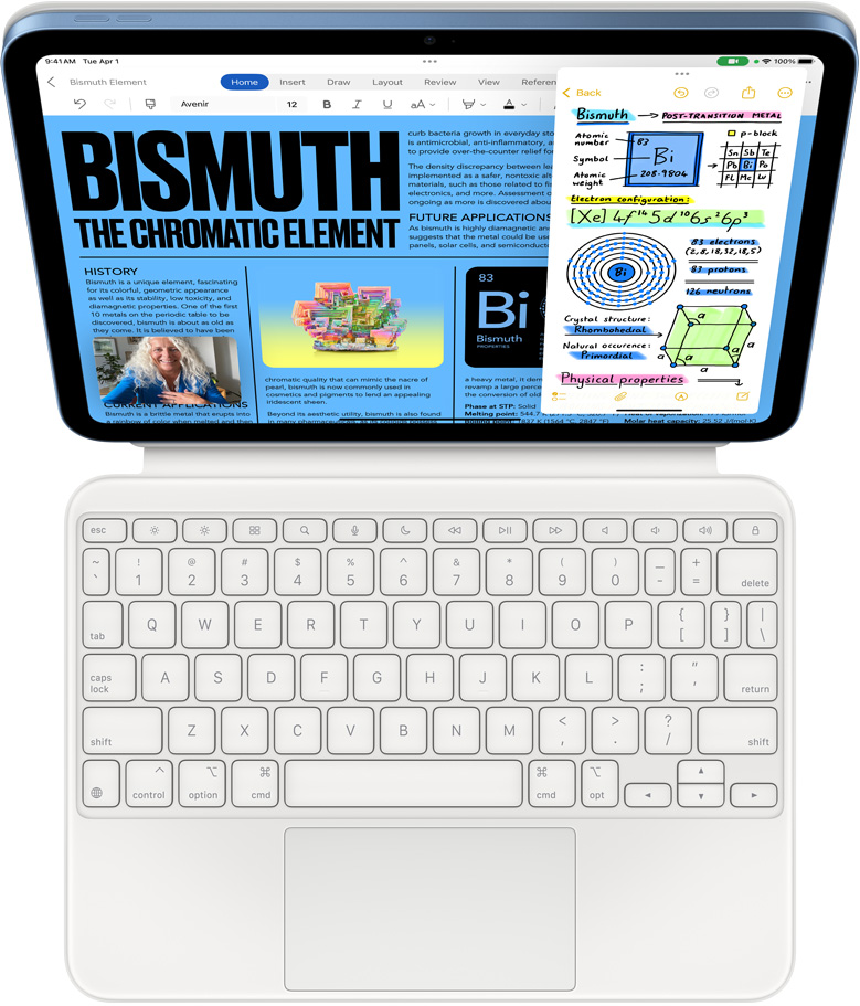 iPad yang terpasang di Magic Keyboard Folio, layarnya menampilkan Slide over dengan Microsoft Word dan Catatan, serta panggilan FaceTime yang berlangsung pada saat bersamaan.