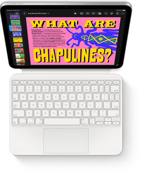 Vue d’en haut d’un iPad avec un Magic Keyboard Folio en blanc.