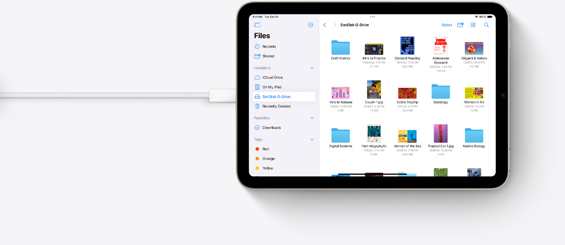 Filer p? iPad mini i liggande l?ge med en ansluten usb-c-kabel.